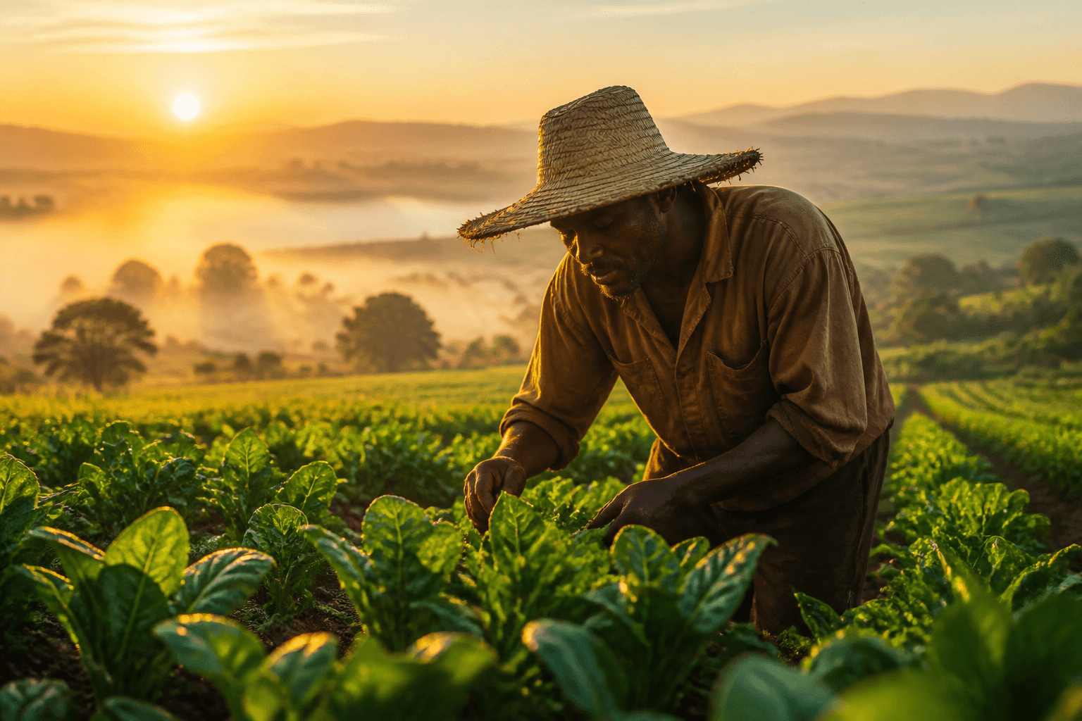 Farmer working in a green field at golden hour